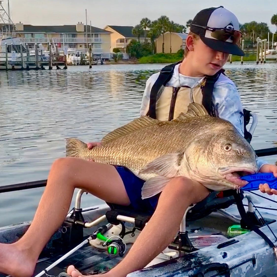 Impressive catch of a large black drum fish in Destin