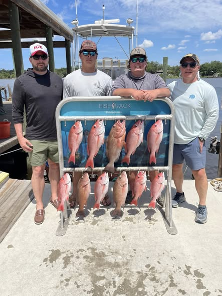 Red grouper and red snapper fishing catch displayed on fish rack at Panama City Beach FL