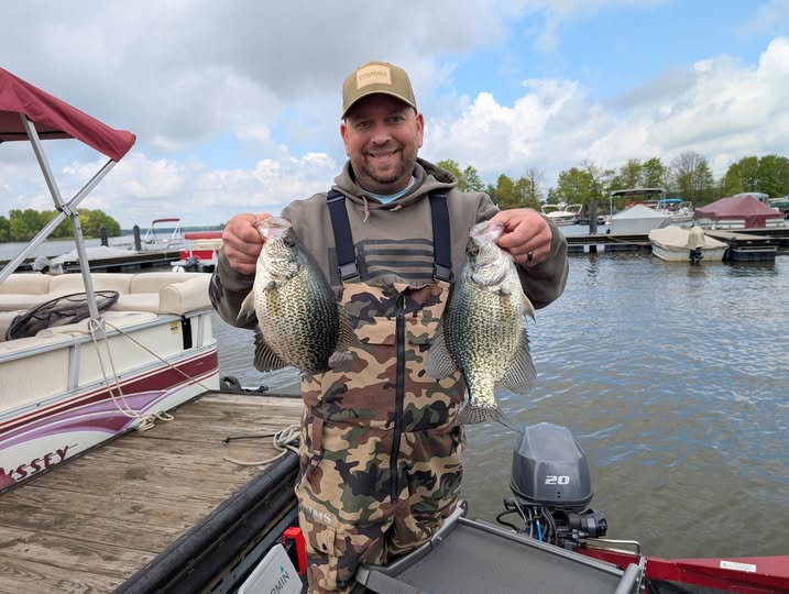 Two crappie caught during fishing trip in Foxburg PA at marina dock