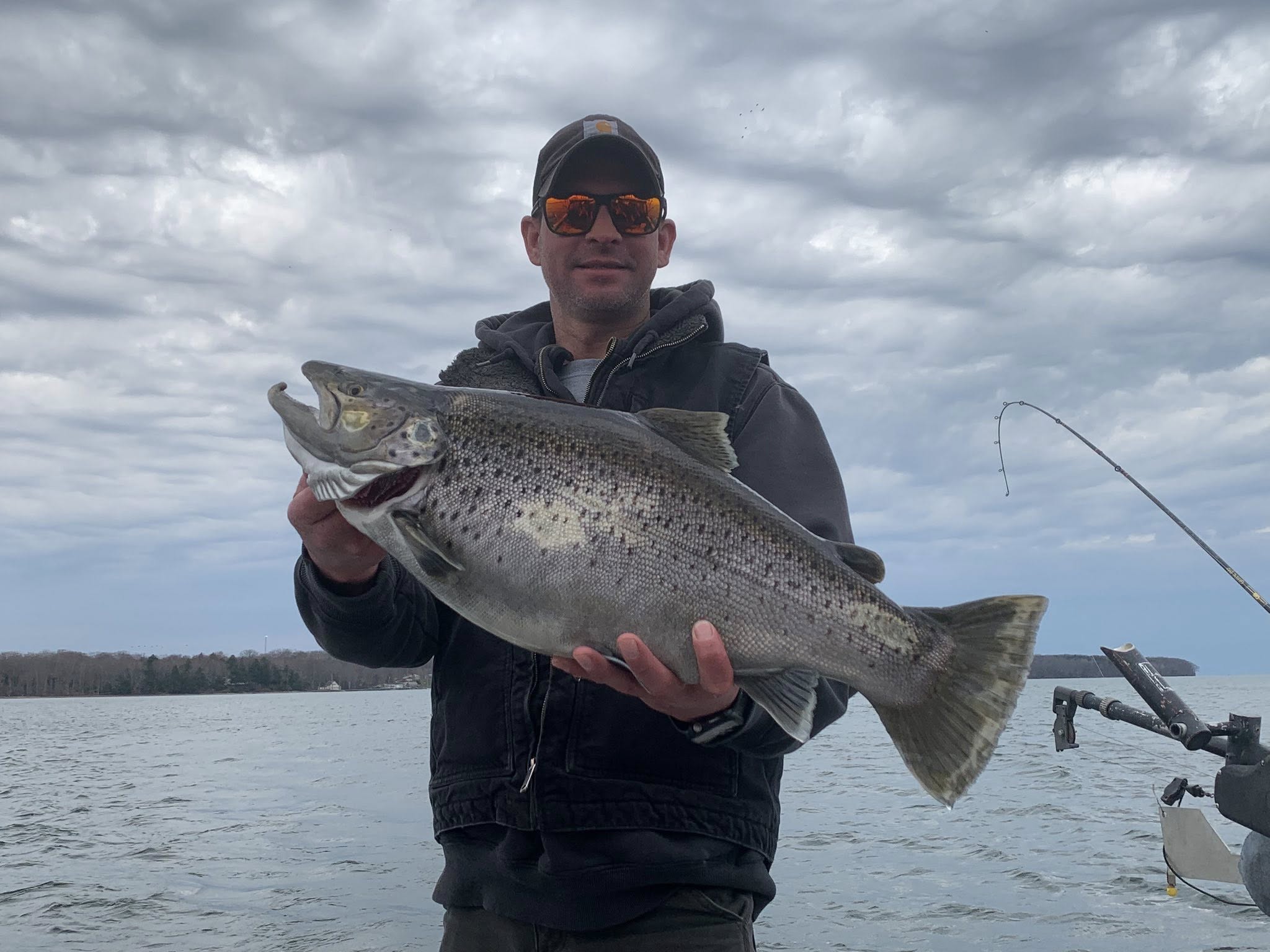 Brown trout catch displayed on fishing boat in Mexico NY waters