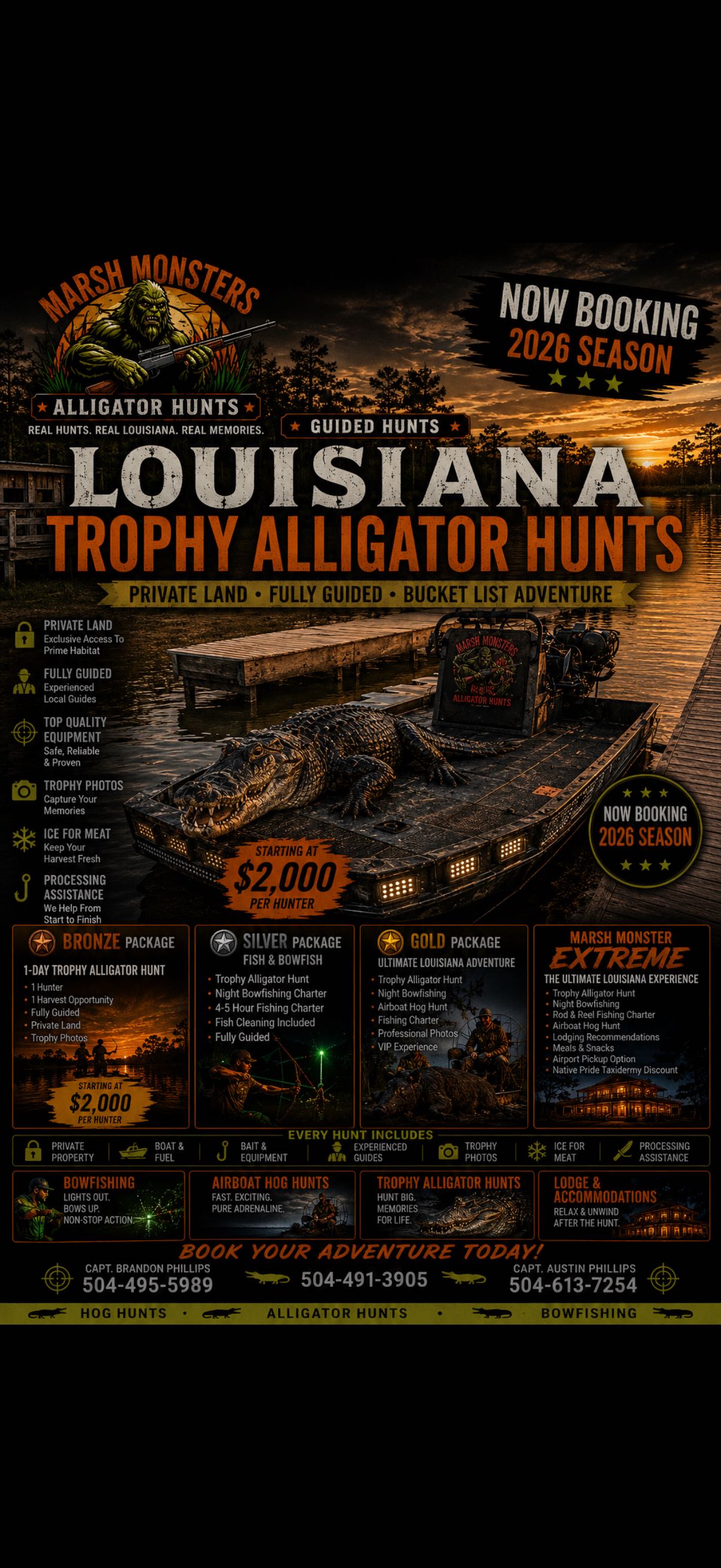 Louisiana alligator hunting guide with trophy gator in Lafitte marshes - $1,995 per hunter