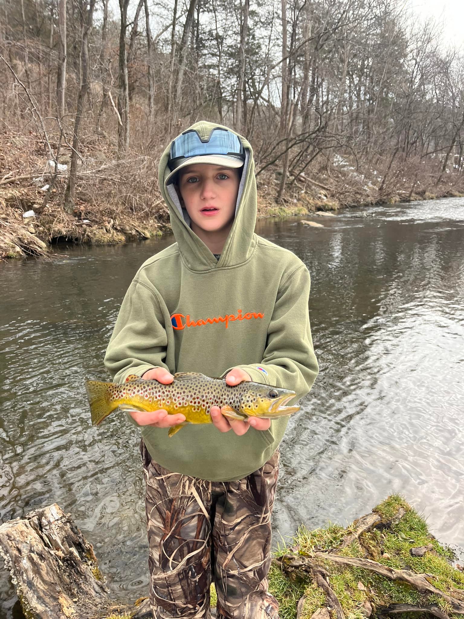 Brown trout caught fishing in Cotter AR river with wooded banks