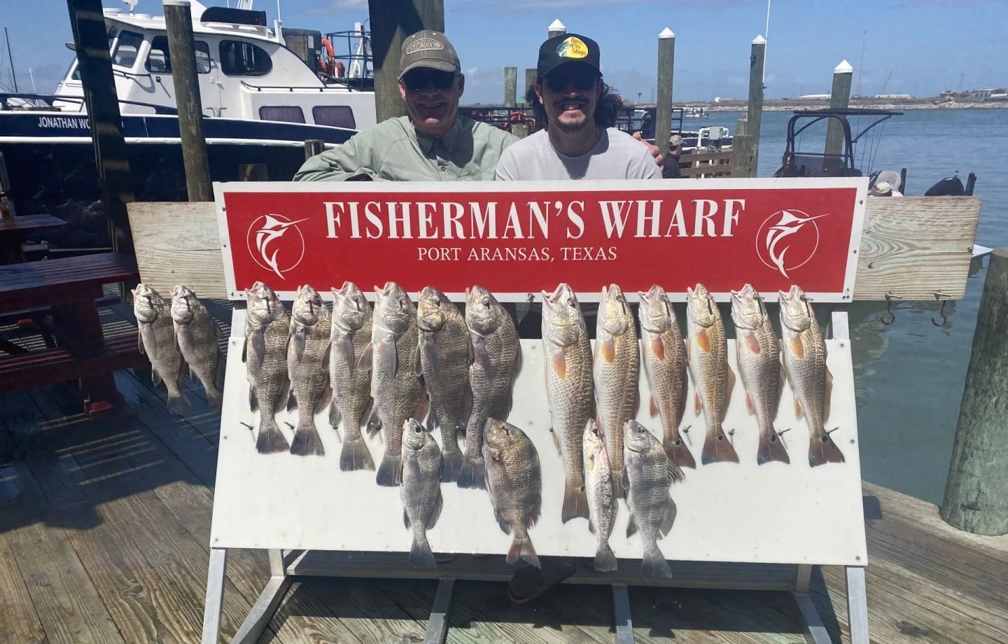 Fresh caught redfish, sheepshead, and black drum displayed at Fisherman's Wharf in Aransas Pass TX