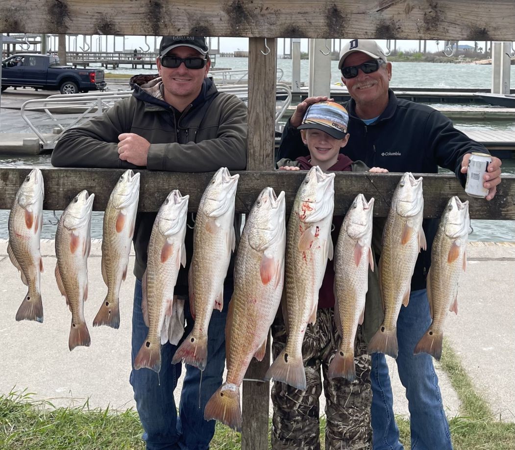 Ten redfish displayed on wooden dock at marina in Aransas Pass Texas