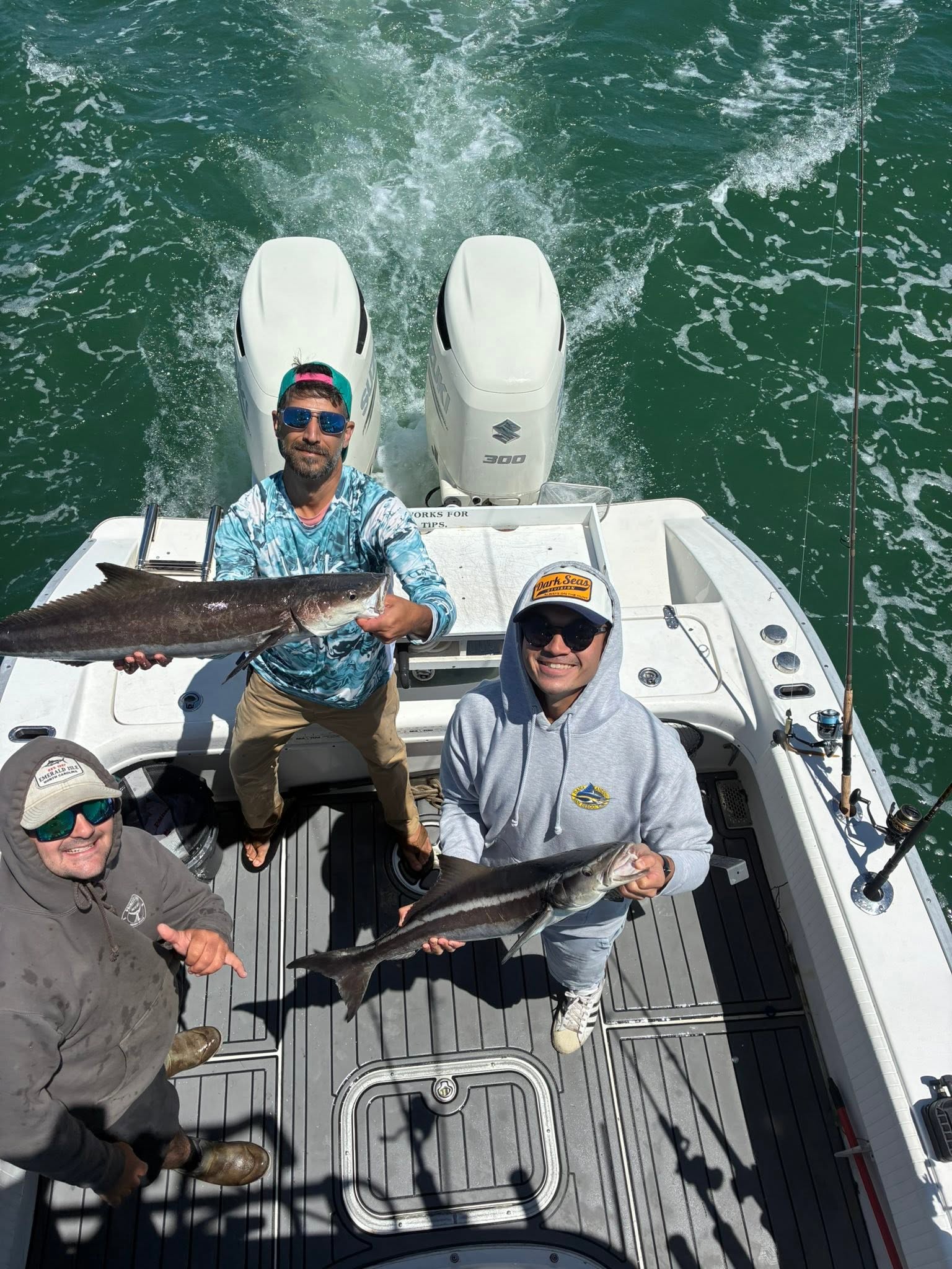 Successful cobia fishing trip on boat in Norfolk VA waters showing two caught fish