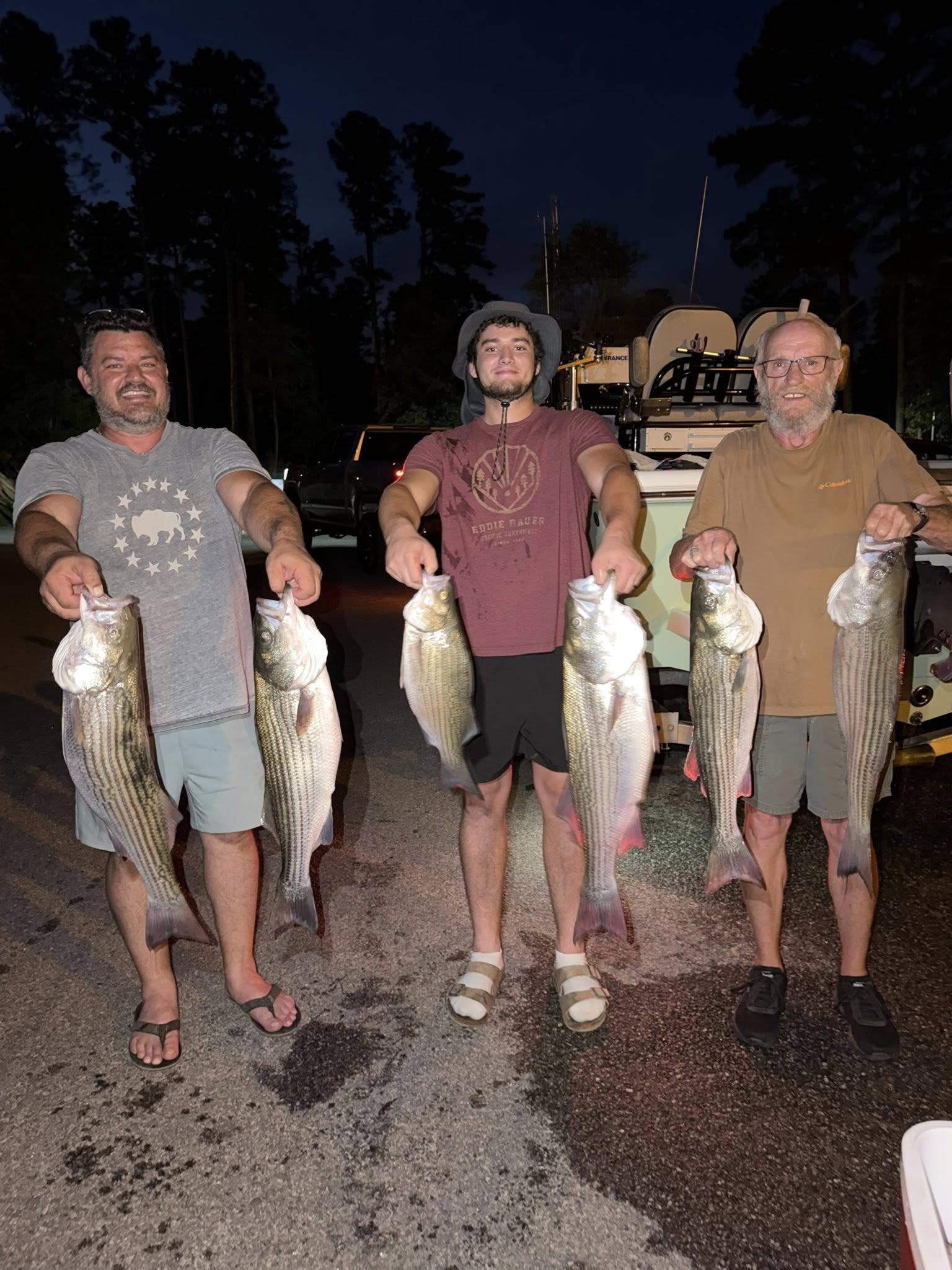 Three anglers displaying fresh caught striped bass after successful fishing trip in Townville SC