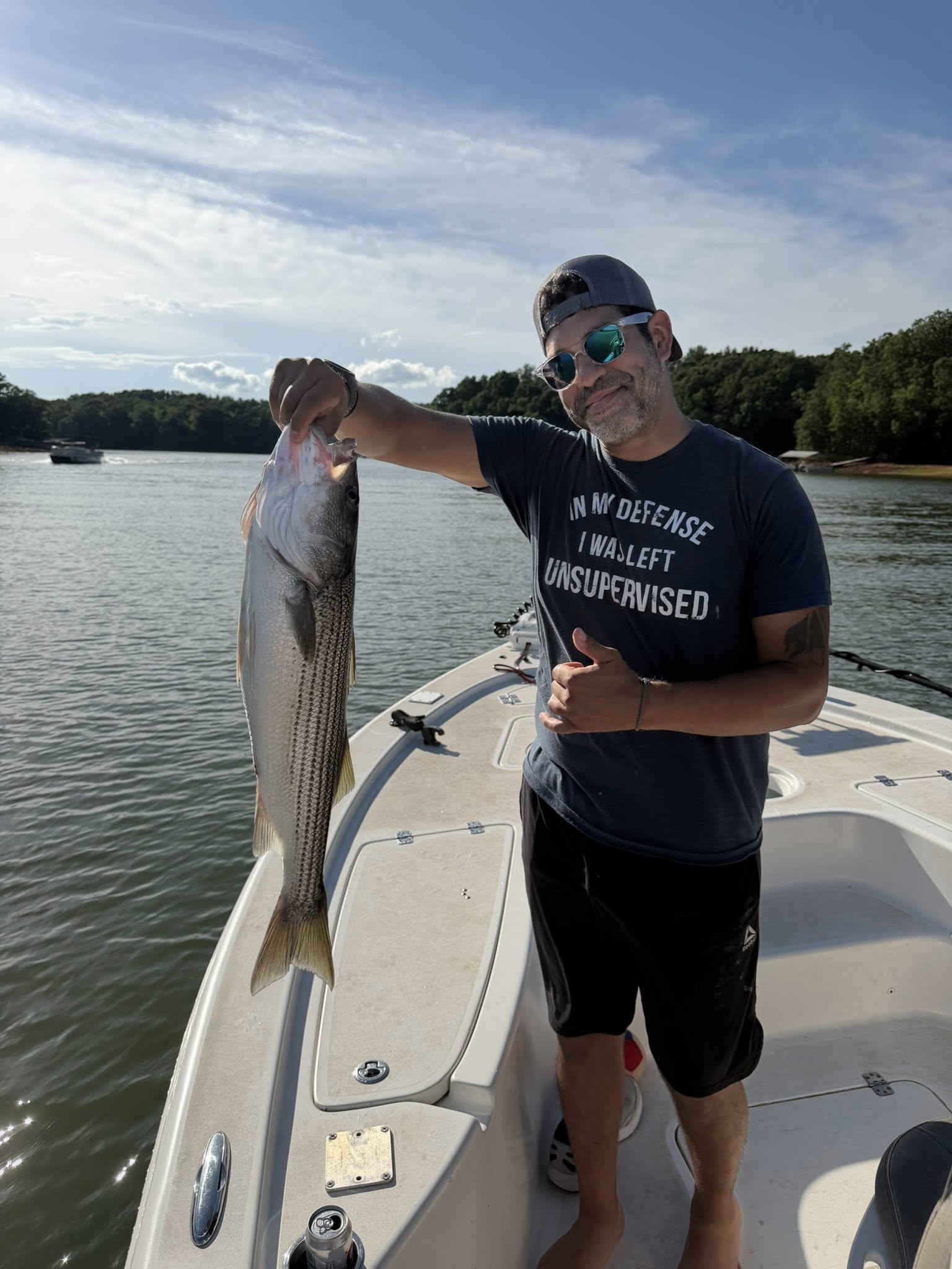 Striped bass caught fishing in Townville SC held up on boat