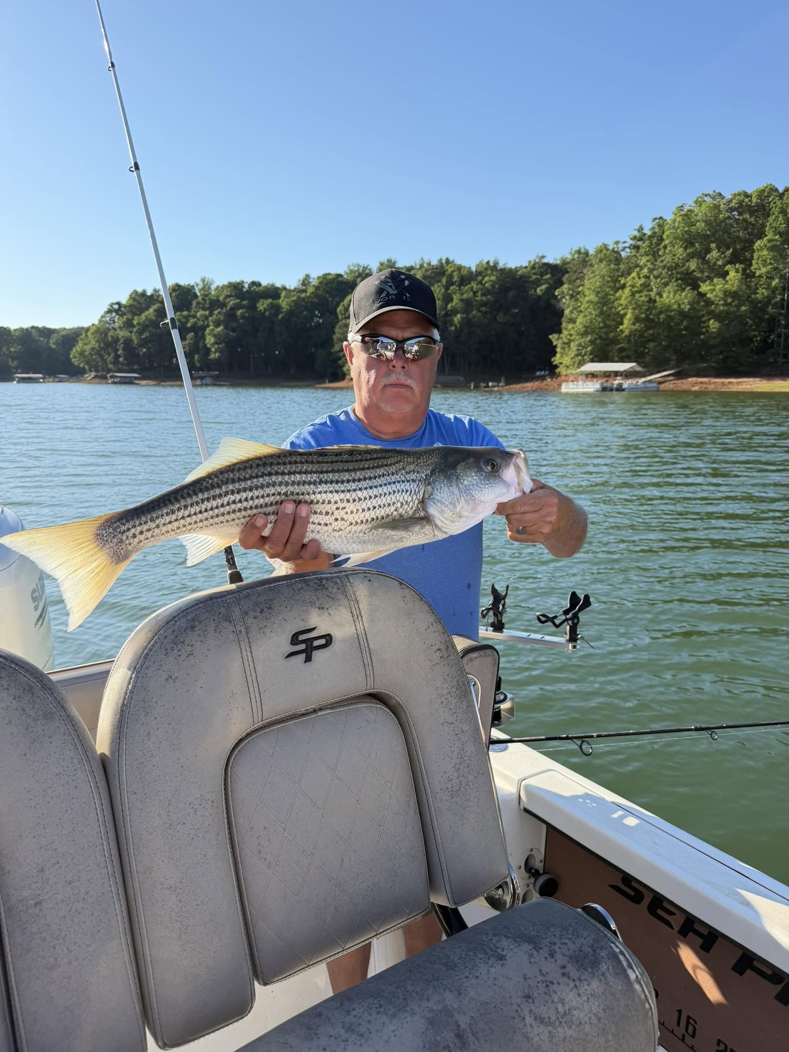 Striped bass caught fishing in Townville SC displayed on boat