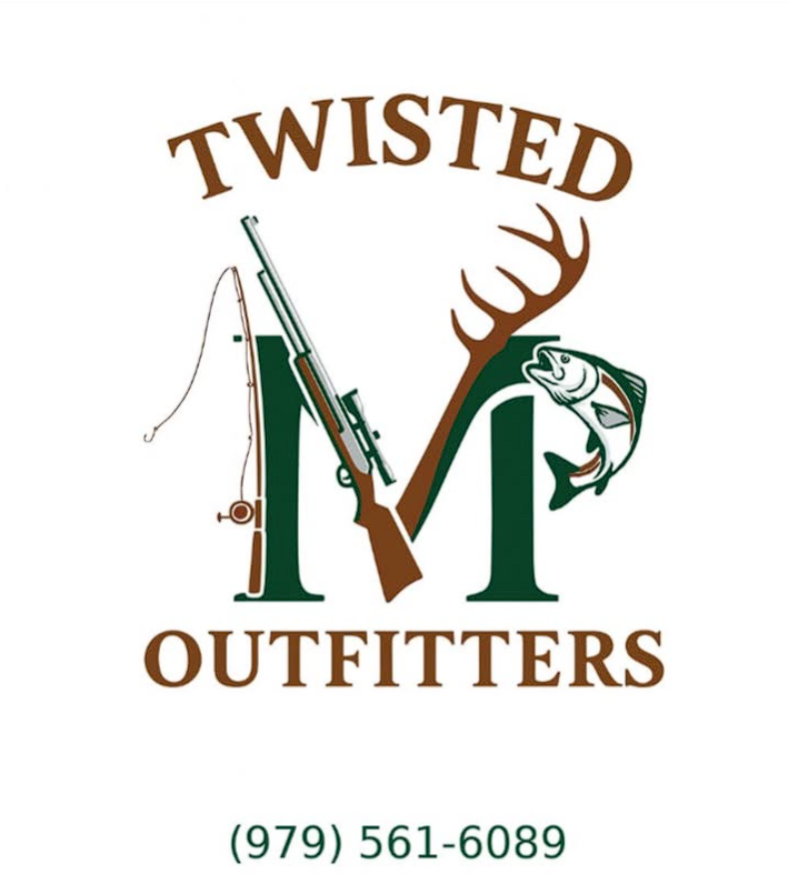 Twisted M Outfitters hunting guide service logo with rifle, fishing rod, deer antlers and bass fish in Hallettsville TX