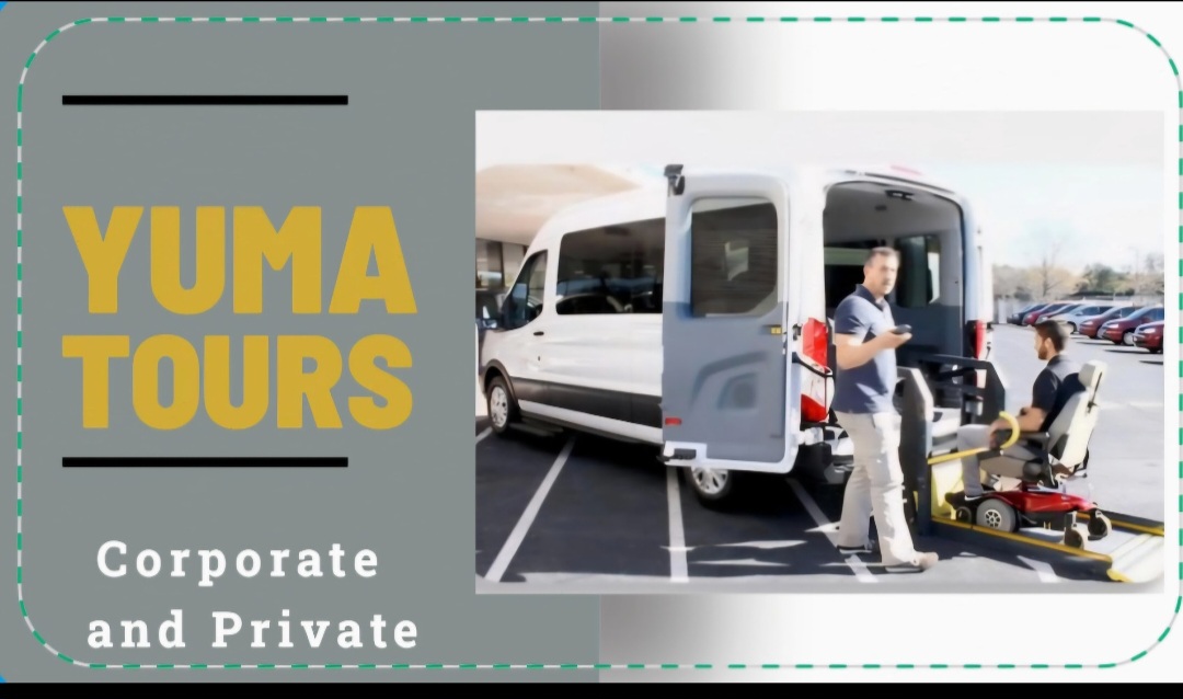 Wheelchair accessible tour van with lift deployed in Yuma parking lot