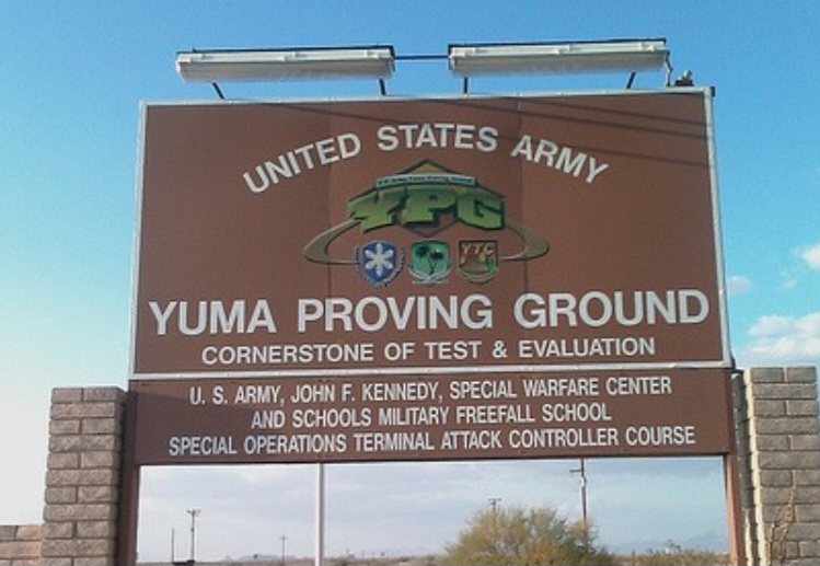 United States Army Yuma Proving Ground entrance sign with military insignia in Yuma Arizona