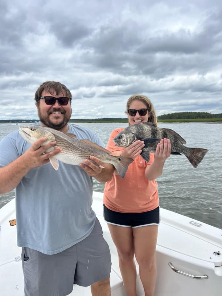 Two redfish and black drum, 15-inch fish, fishing in Hanahan