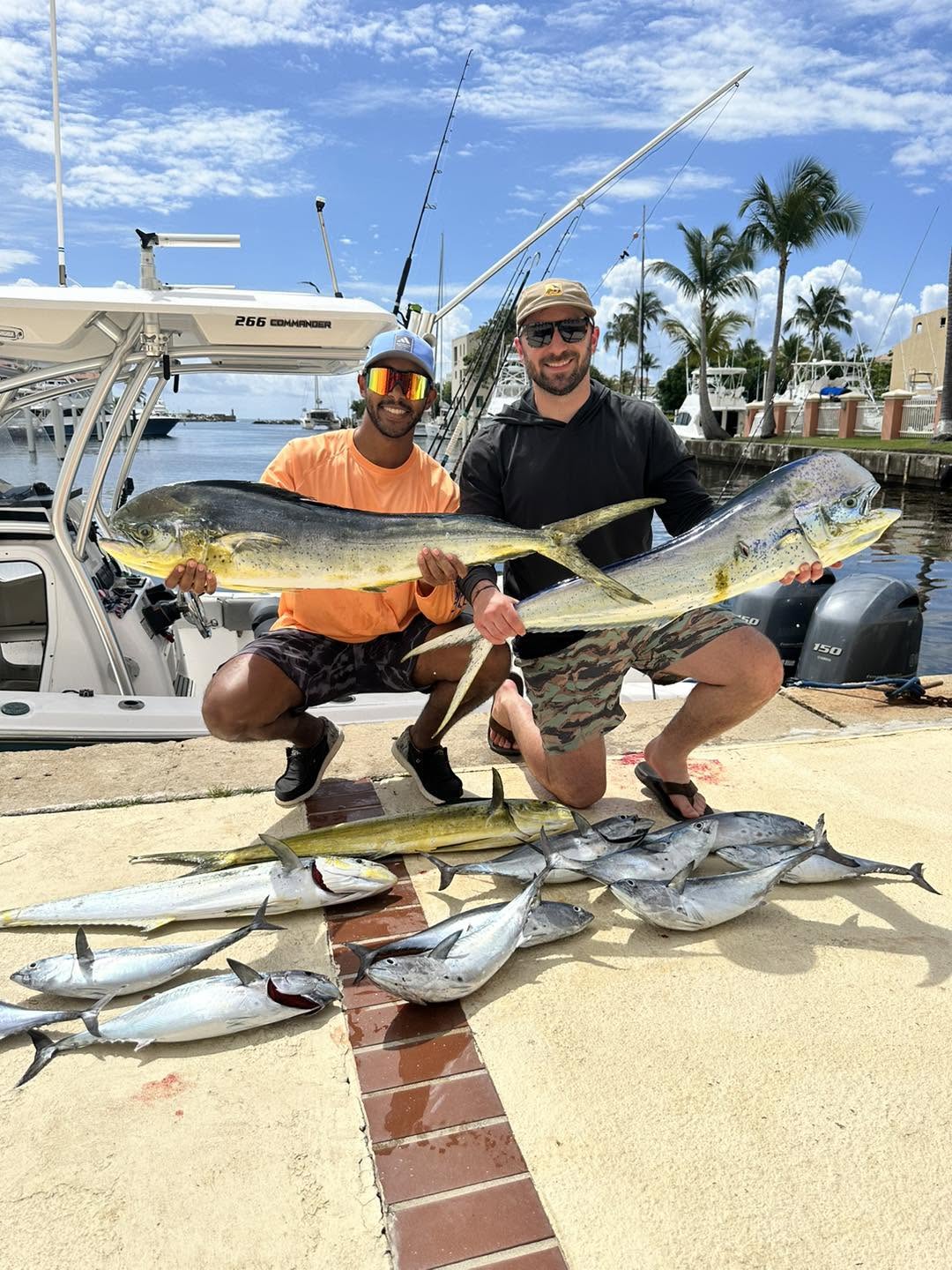 Large mahi mahi catch displayed on dock at Palmas del Mar Humacao with fishing boat in background