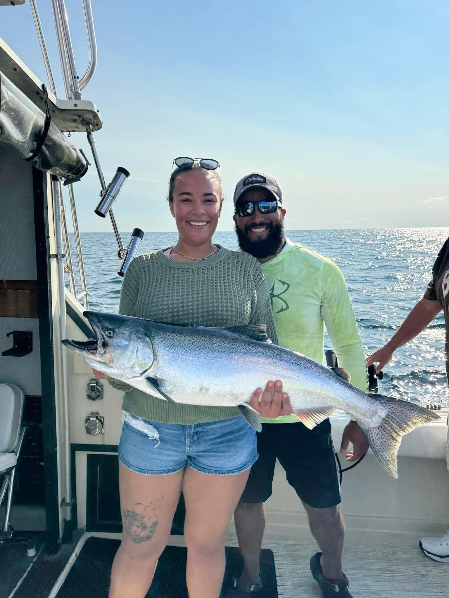 Chinook salmon catch displayed on fishing boat in Olcott NY