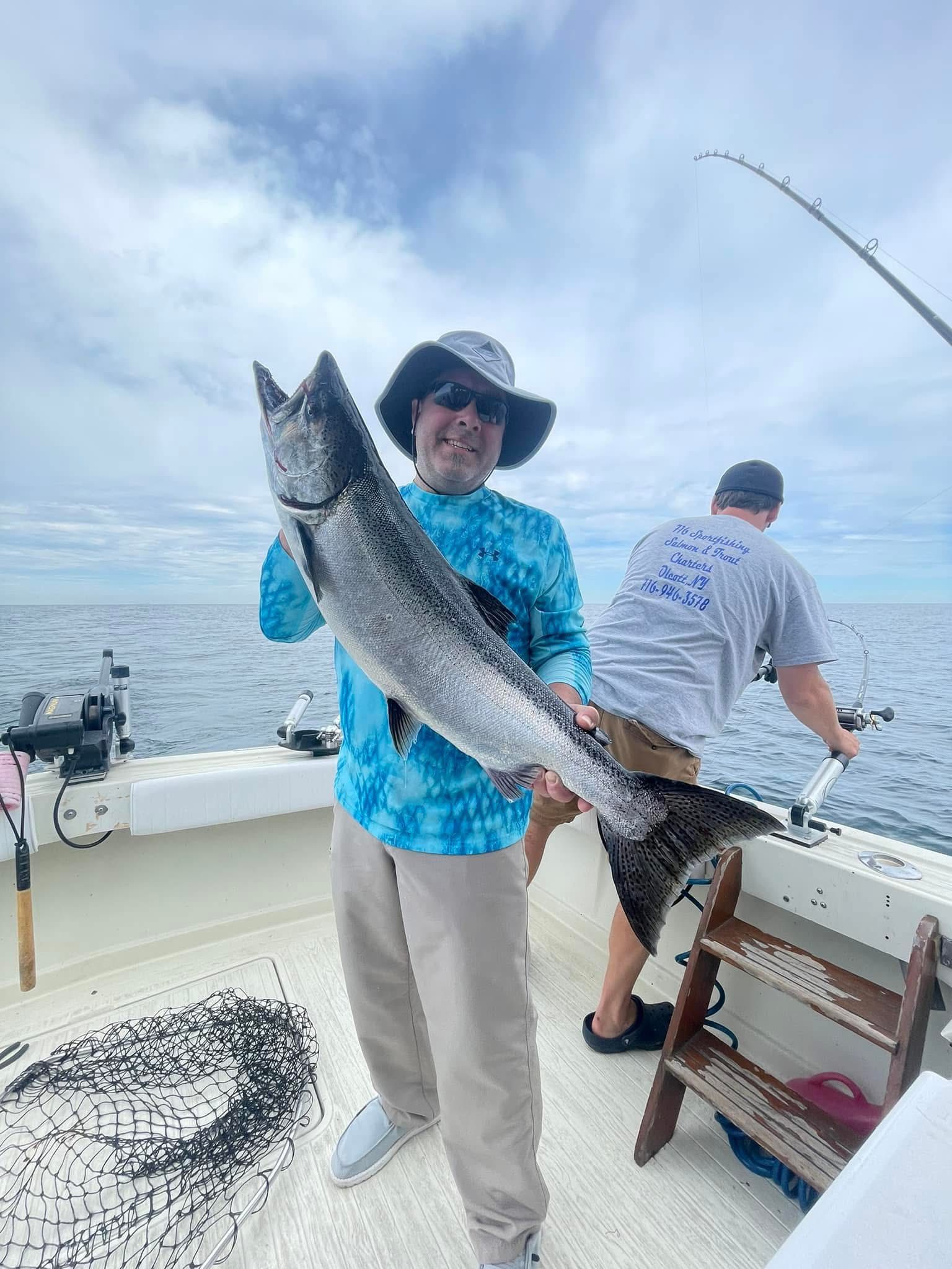 Chinook salmon catch displayed on fishing boat in Olcott NY
