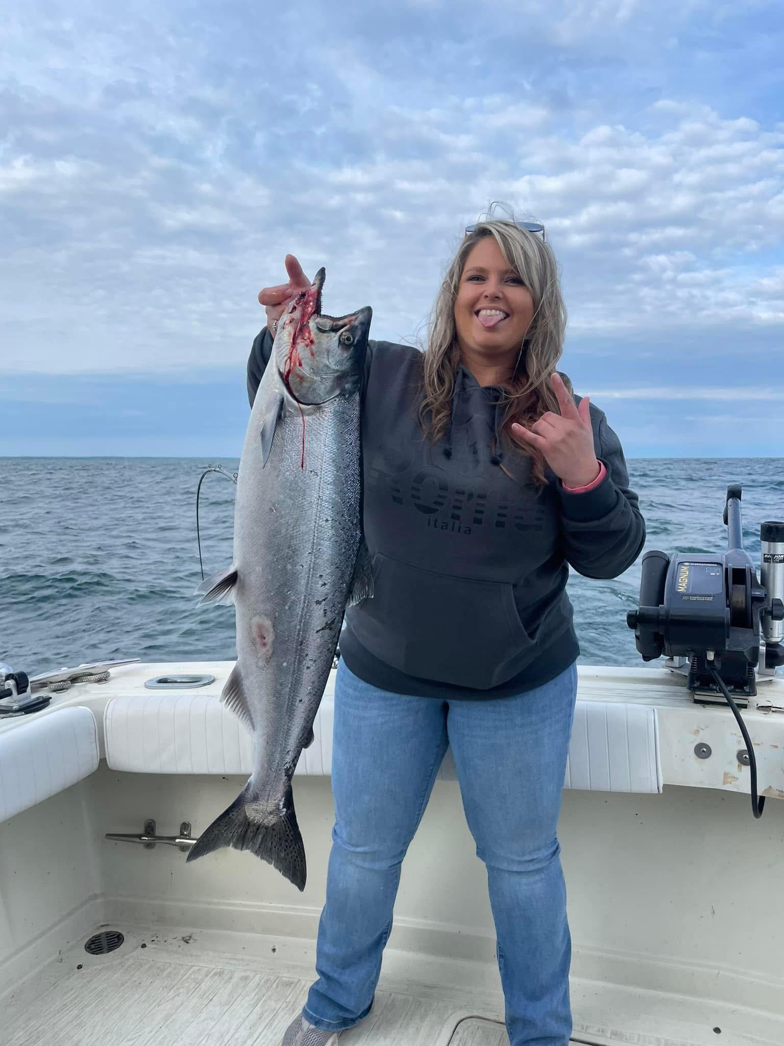 Chinook salmon caught fishing in Olcott NY on boat deck