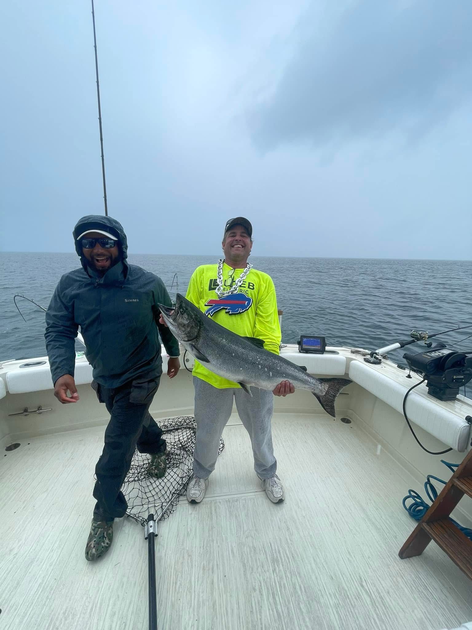 Chinook salmon catch displayed on fishing boat in Olcott NY