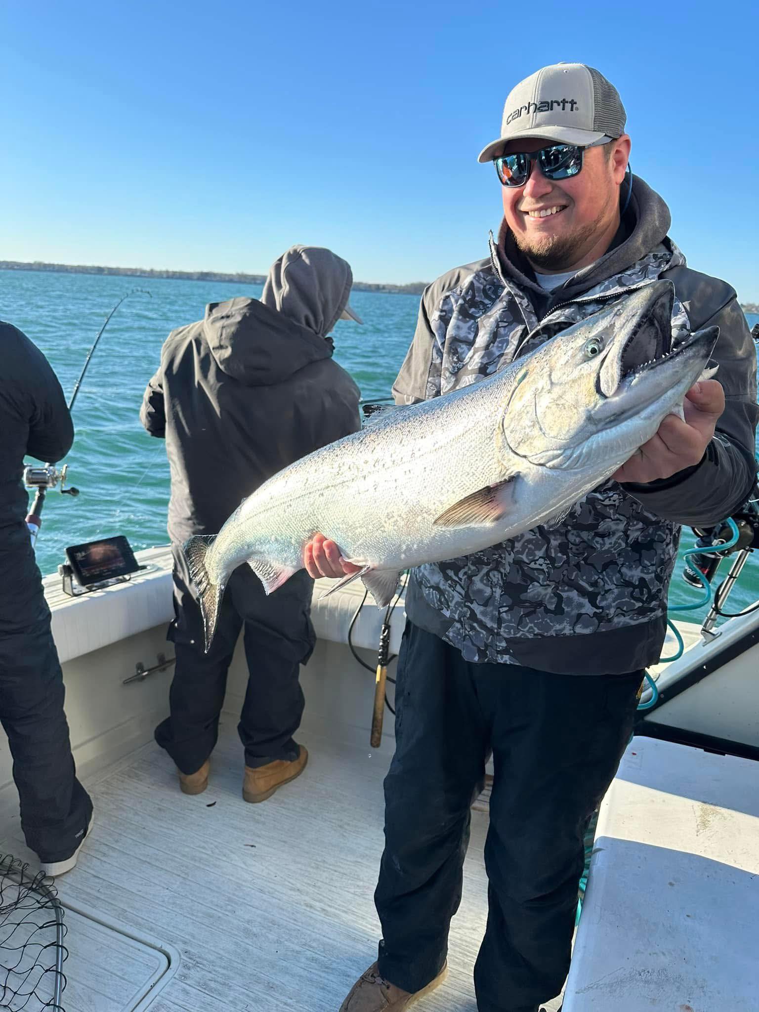 Chinook salmon catch displayed on fishing boat in Olcott NY