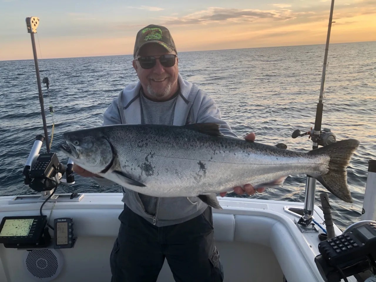 Large Chinook salmon catch displayed on fishing boat in Manistee MI waters