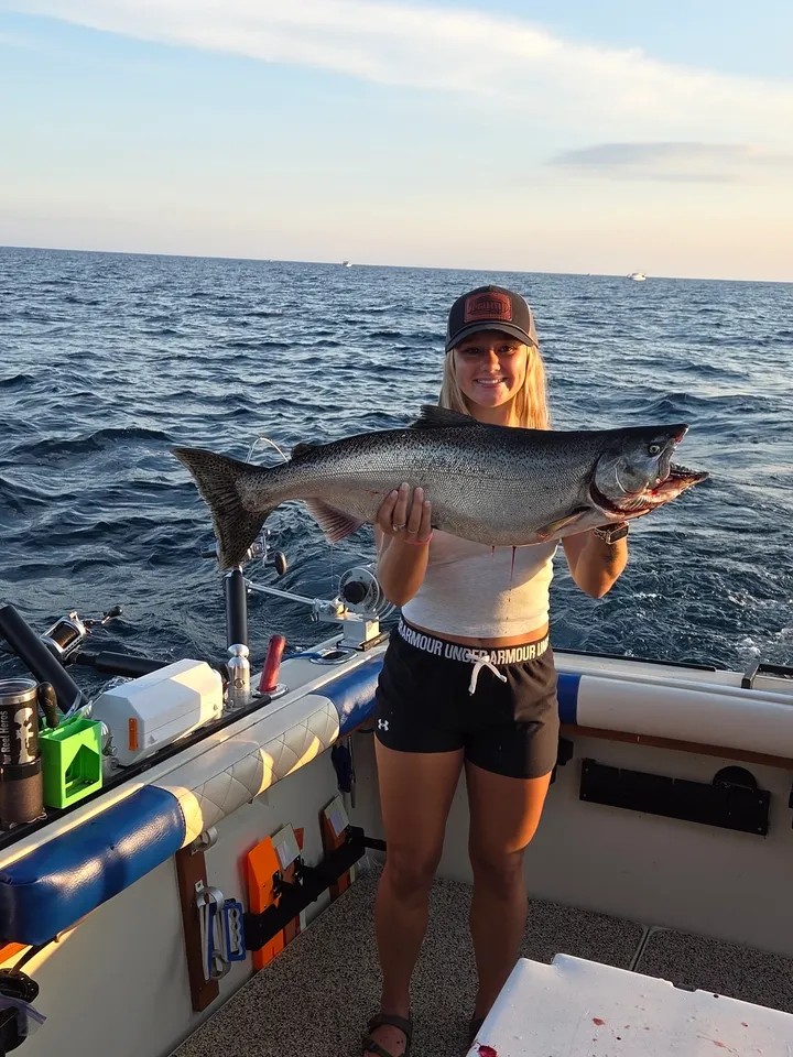 Chinook salmon catch displayed on fishing boat in Manistee MI