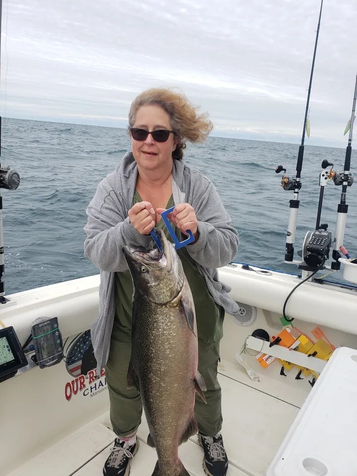 Large Chinook salmon caught during fishing trip in Manistee Michigan