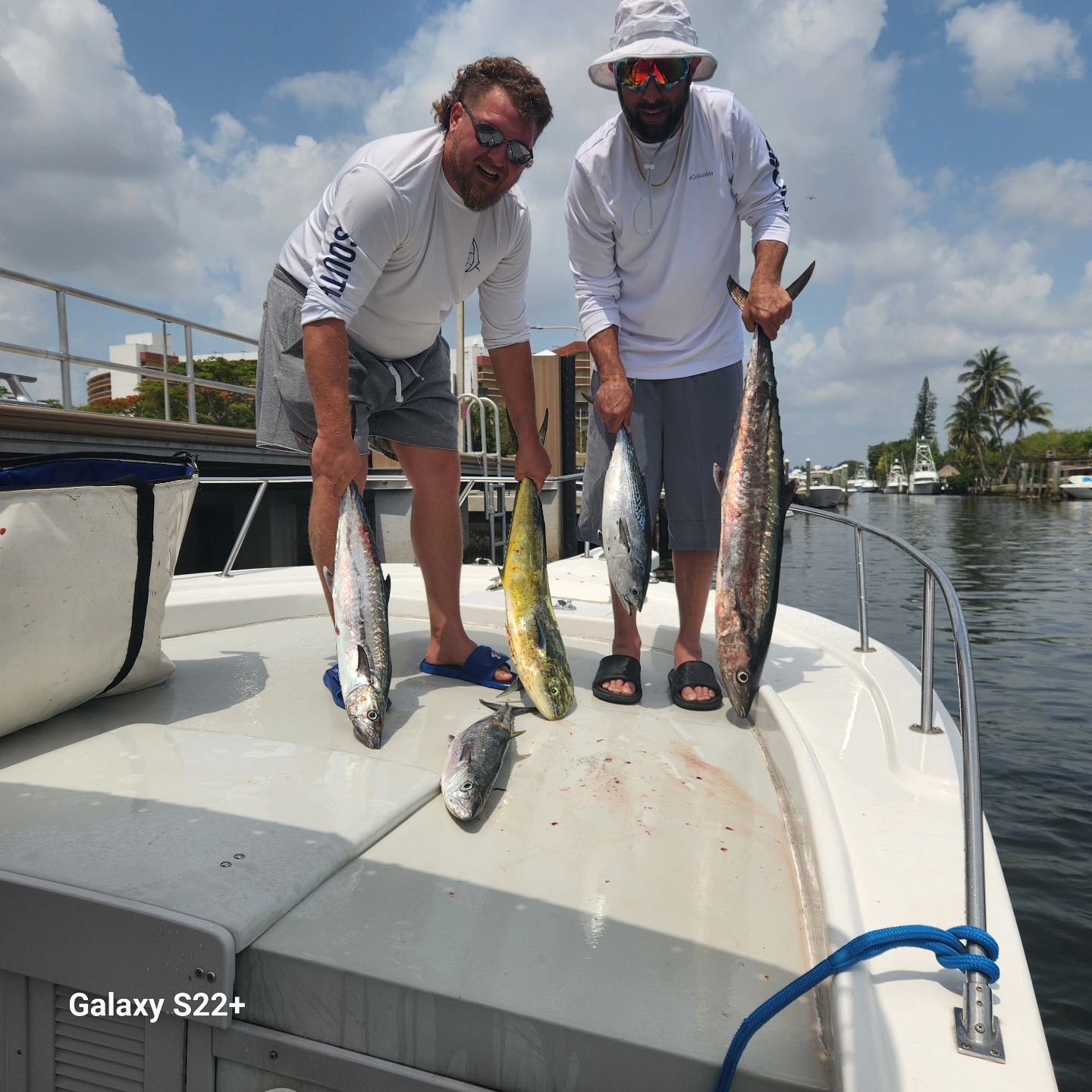 Anglers with a bountiful catch of 4 big fish on the shores of Pompano Beach