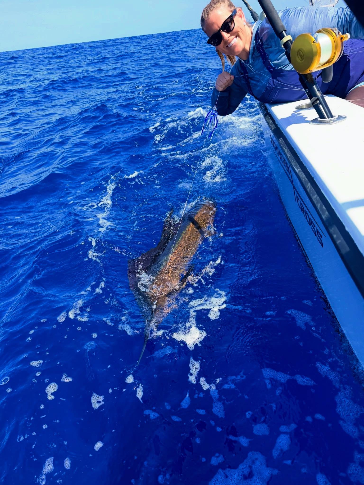 Large fish being reeled in next to fishing boat in deep blue ocean waters off Morehead City NC