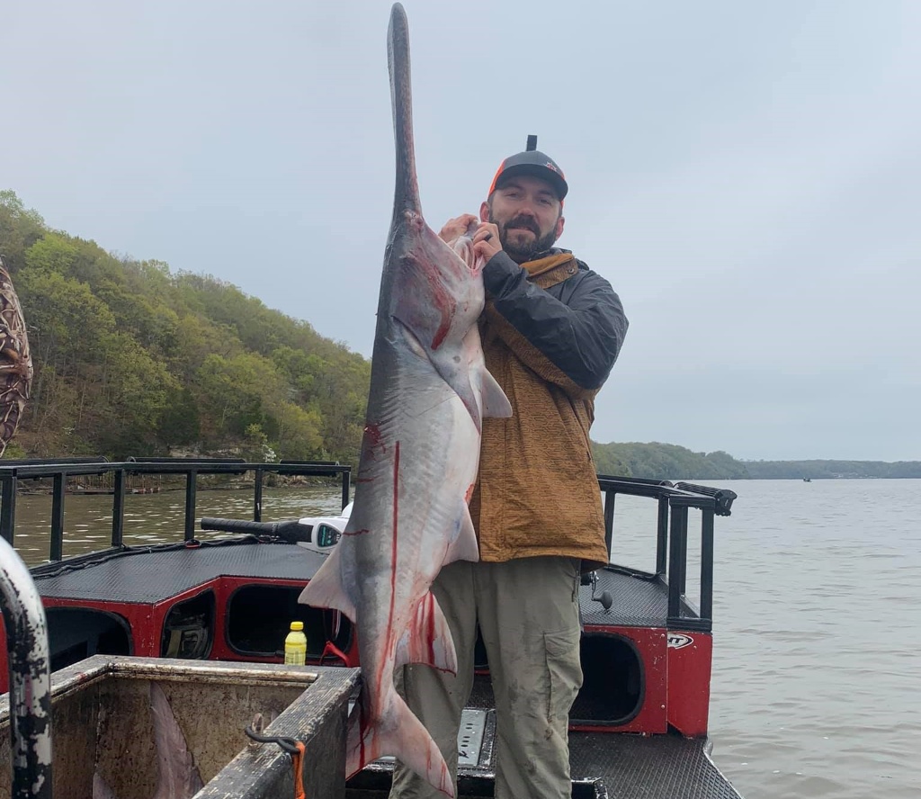 A person fishing in Missouri with their catch.