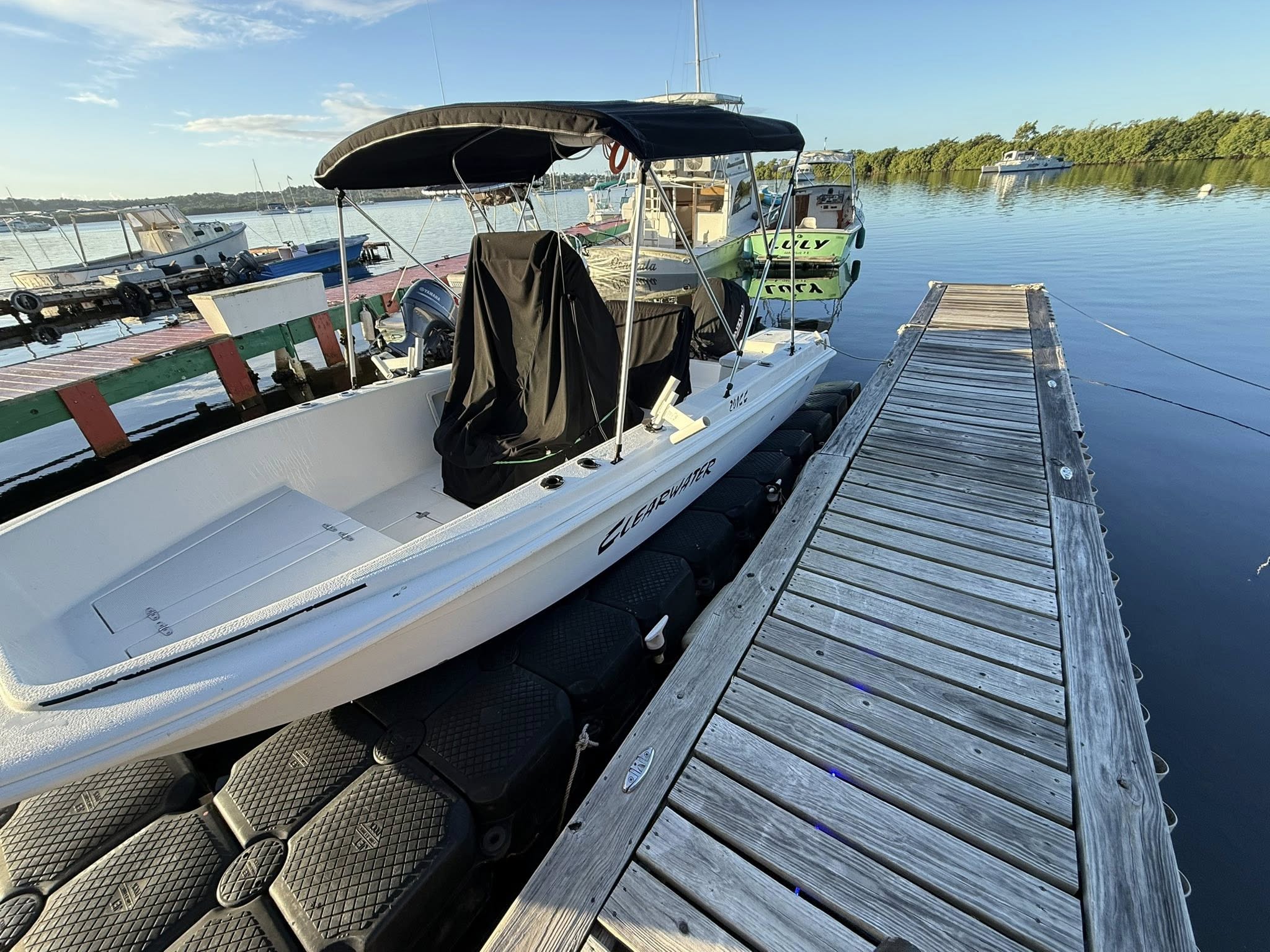 White fishing boat docked at marina pier in Cabo Rojo Puerto Rico with calm water and other boats in background