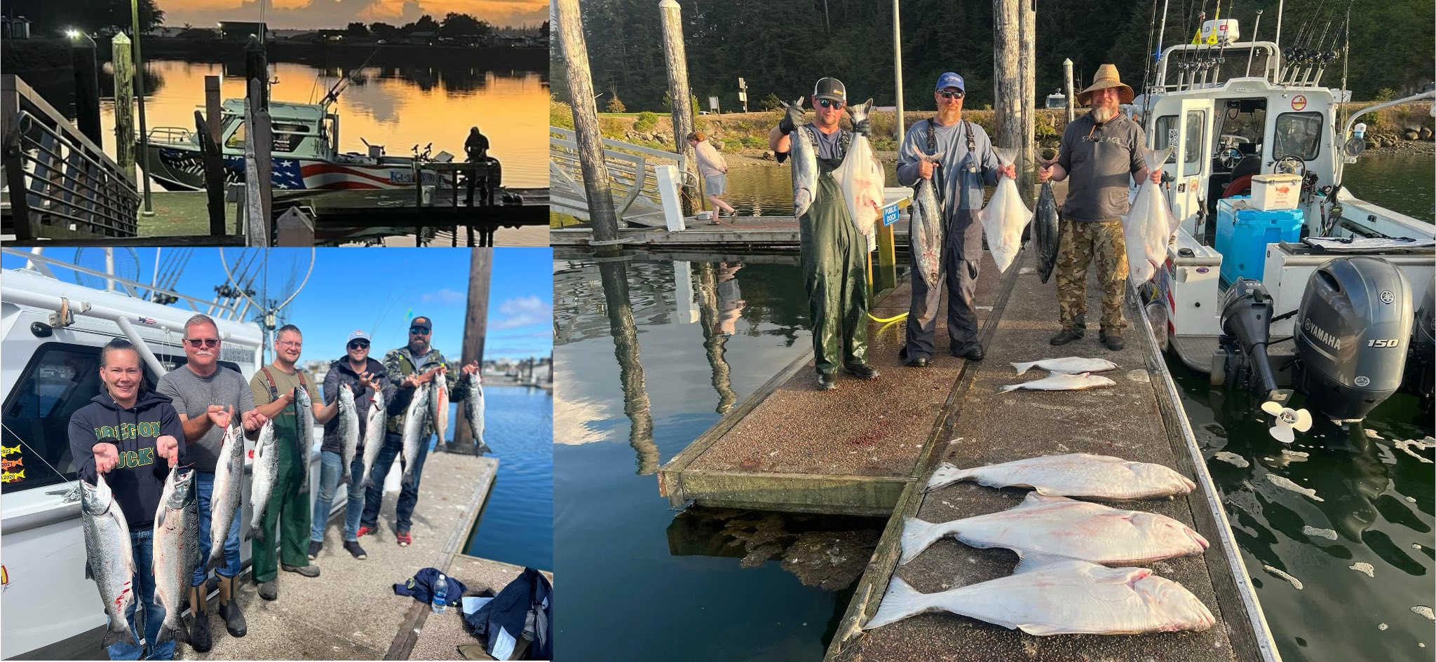 Fishing charter results showing Pacific Halibut and Coho Salmon catch on dock in Roseburg OR
