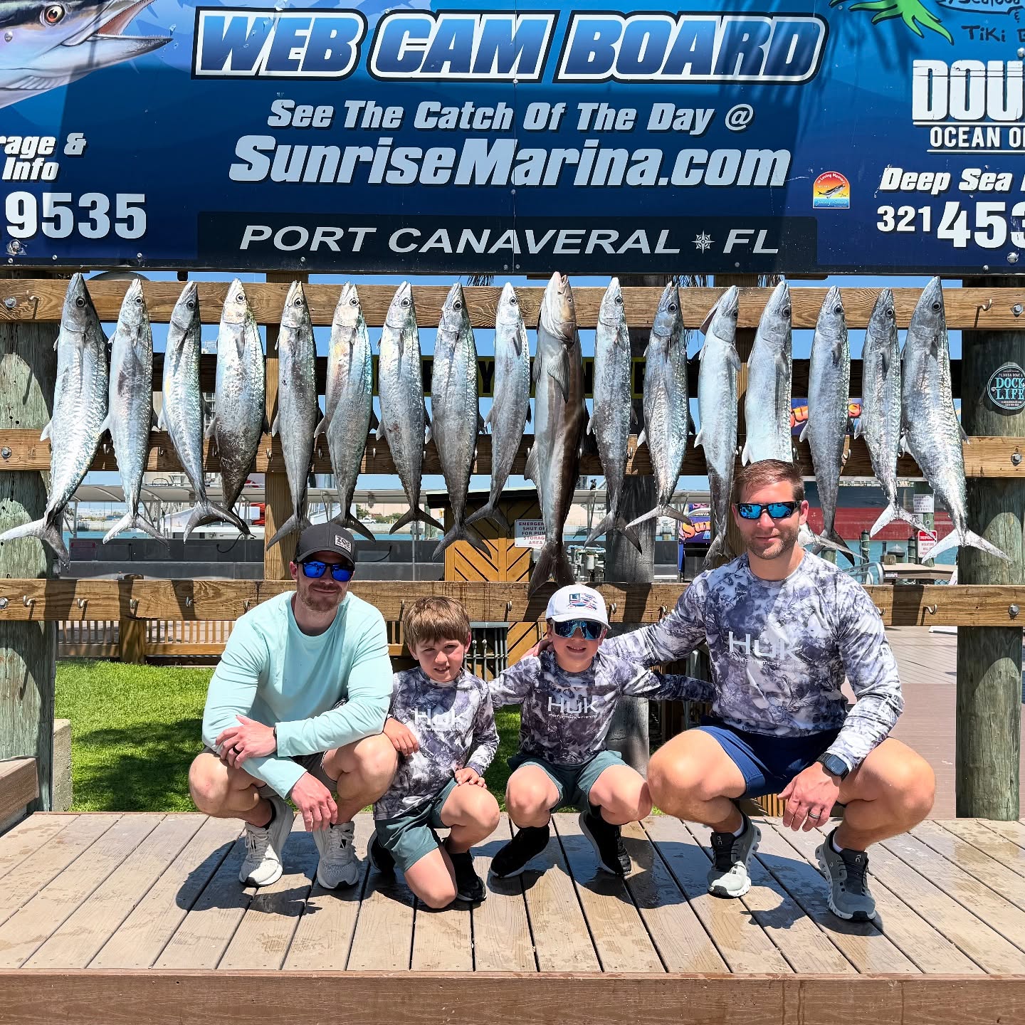A spectacular haul of 14 king mackerel, little tunny, spotted weakfish, Spanish mackerel, and wahoo fish caught off the coast of FL.