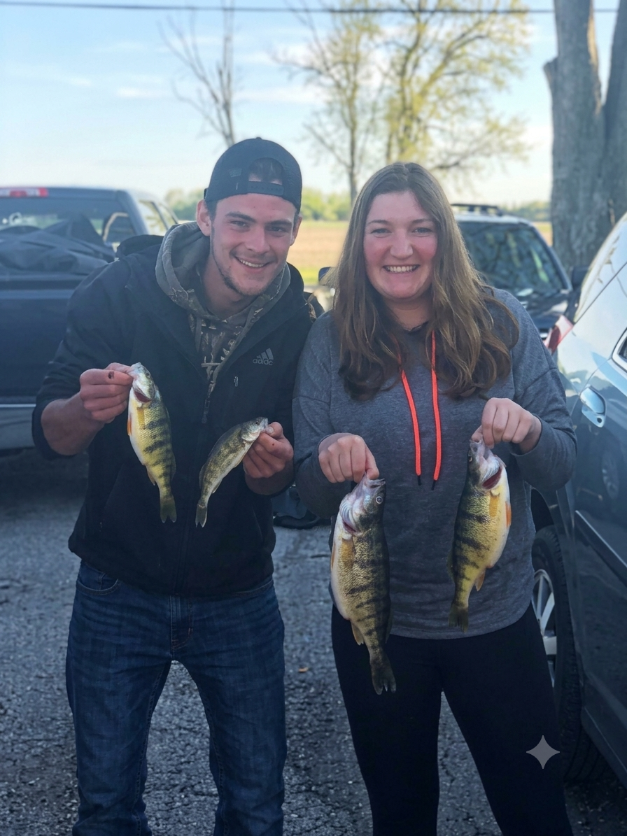 Lake Erie yellow perch fishing charter boat with anglers catching jumbo perch near Port Colborne