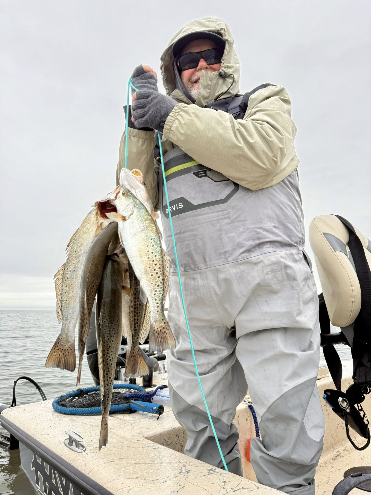 Successful speckled trout fishing trip in Riviera Texas with multiple fish caught on boat