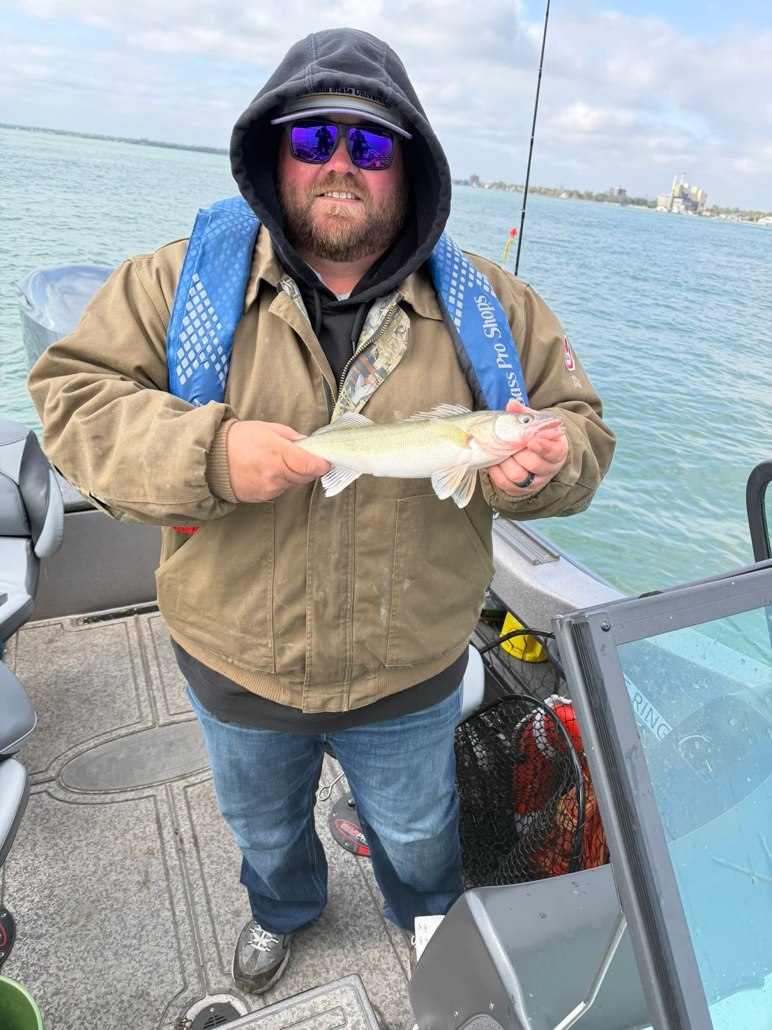 Freshly caught walleye being displayed on fishing boat in Huron OH