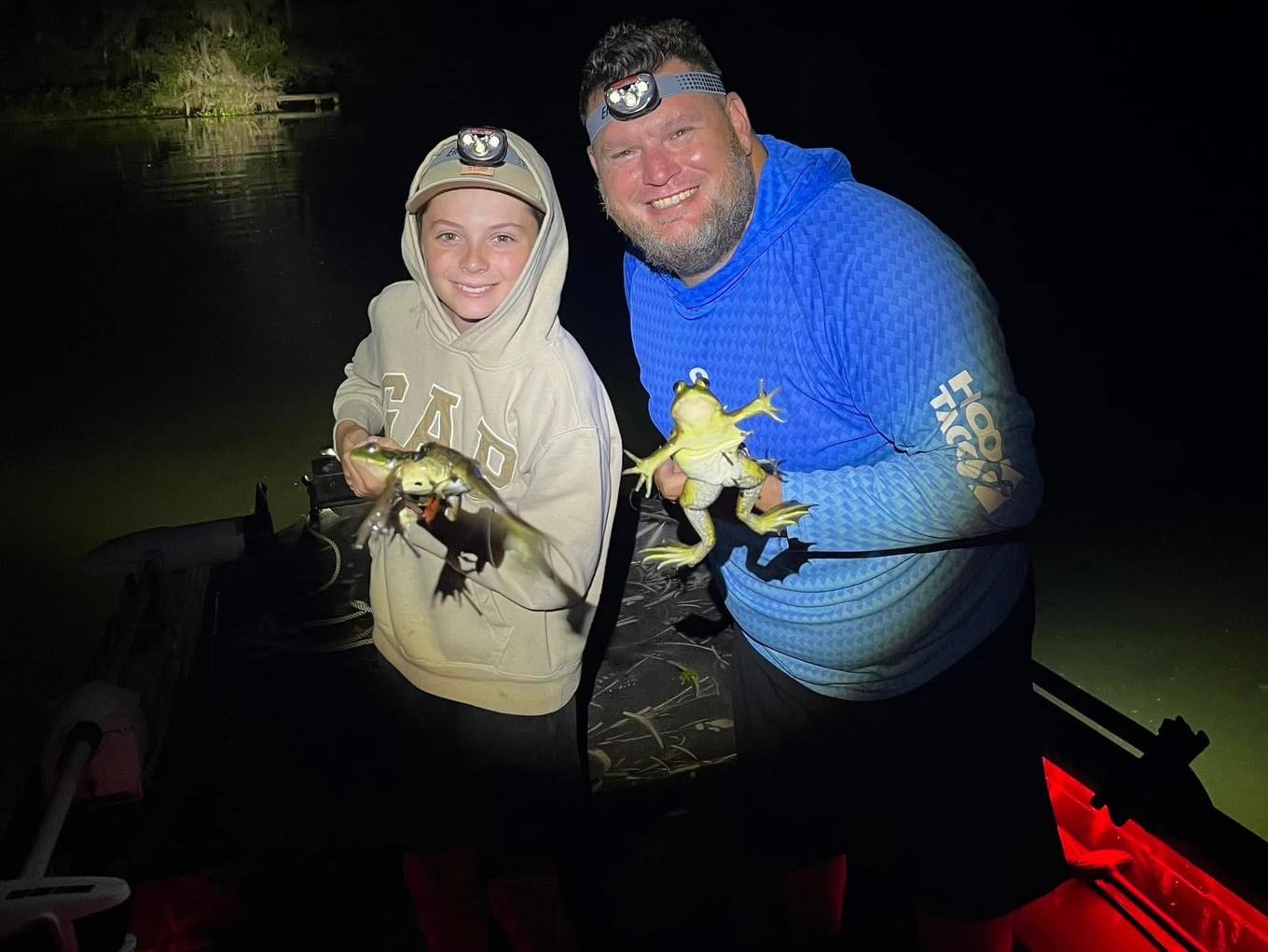 Night fishing expedition in Crystal River FL with frogs caught using headlamps