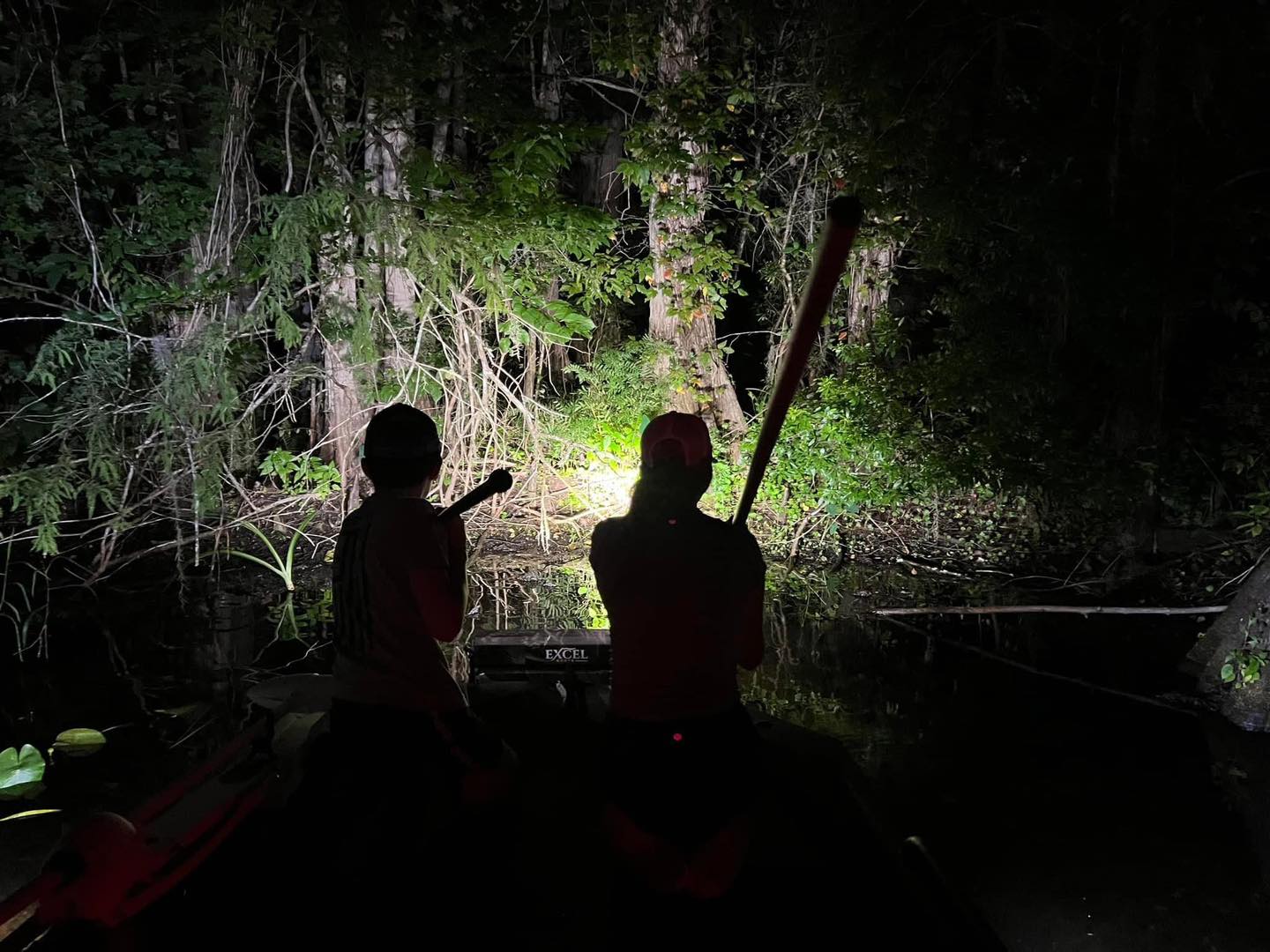 Nighttime hunting scene in Crystal River FL with hunters using spotlight to illuminate dense forest vegetation
