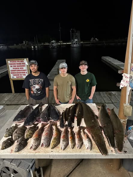 Fresh caught fish displayed on cleaning table at night in Lafitte Louisiana fishing dock